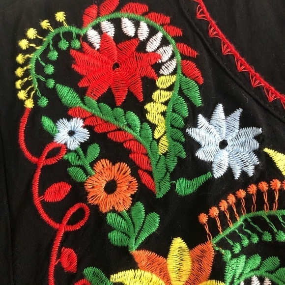 Jodiful Floral Embroidered Bohemian Pullover Blouse Tie Sleeve Medium Black - Picture 3 of 11